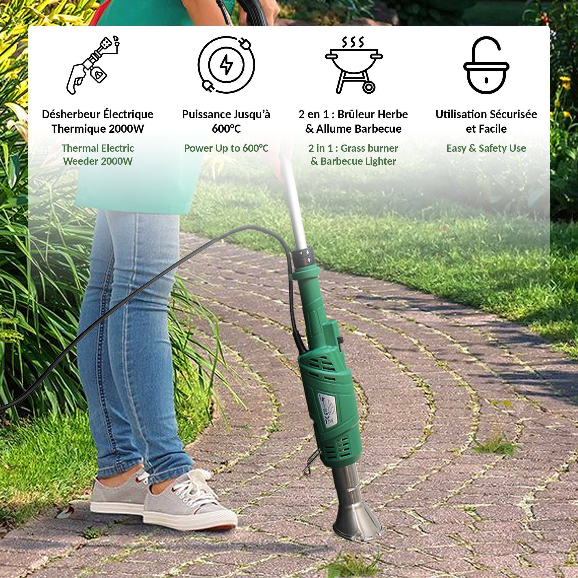 Désherbeur Électrique 2000W 600°C - 2 en 1 Allume-Barbecue et Désherbeur - Manche Amovible 61 cm - Câble 2 m - Image 3