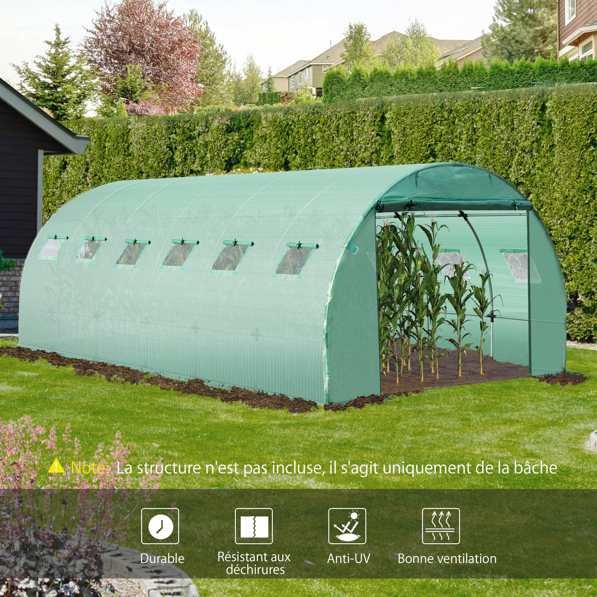 Bâche de Rechange Serre Tunnel 18 m², bâche 6 x 3 x 2 m PE Anti-UV imperméable 12 fenêtres + Porte Enroulable zippée vert - Image 6