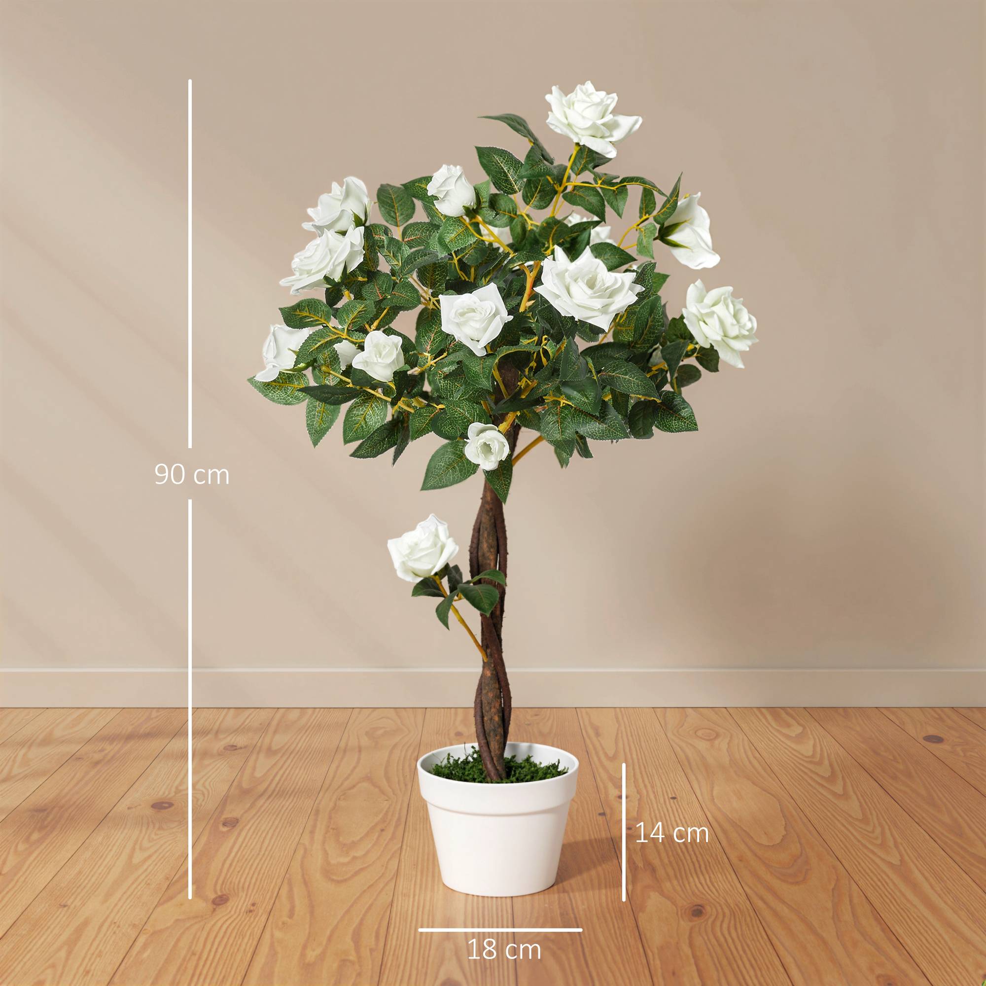 Sans Marque - Rosier artificiel 21 fleurs pot ciment mousse anti-UV Ø18x90 cm blanc vert - Image 5