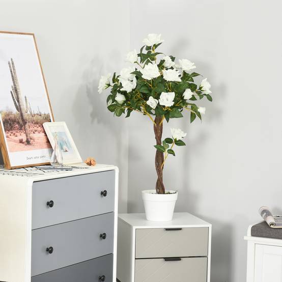 Sans Marque - Rosier artificiel 21 fleurs pot ciment mousse anti-UV Ø18x90 cm blanc vert - Image 4