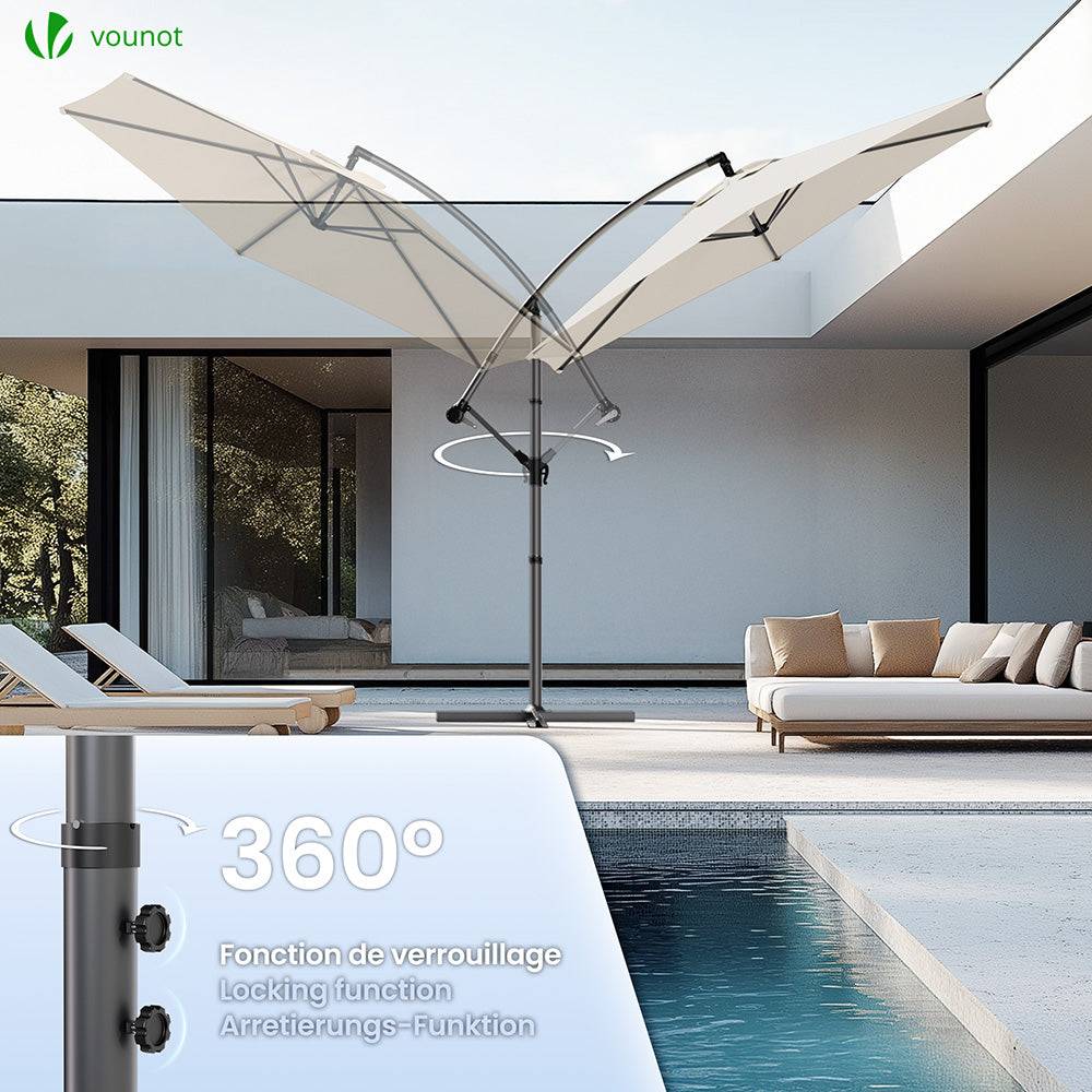 Vounot - Parasol déporté inclinable 3M avec housse de protection Beige - Inclinaison réglable - Rotatif 360° - Manivelle anti-retour - VOUNOT® - Image 4