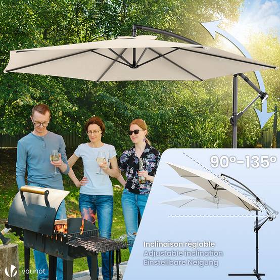 Vounot - Parasol déporté inclinable 3M avec housse de protection Beige - Inclinaison réglable - Rotatif 360° - Manivelle anti-retour - VOUNOT® - Image 3