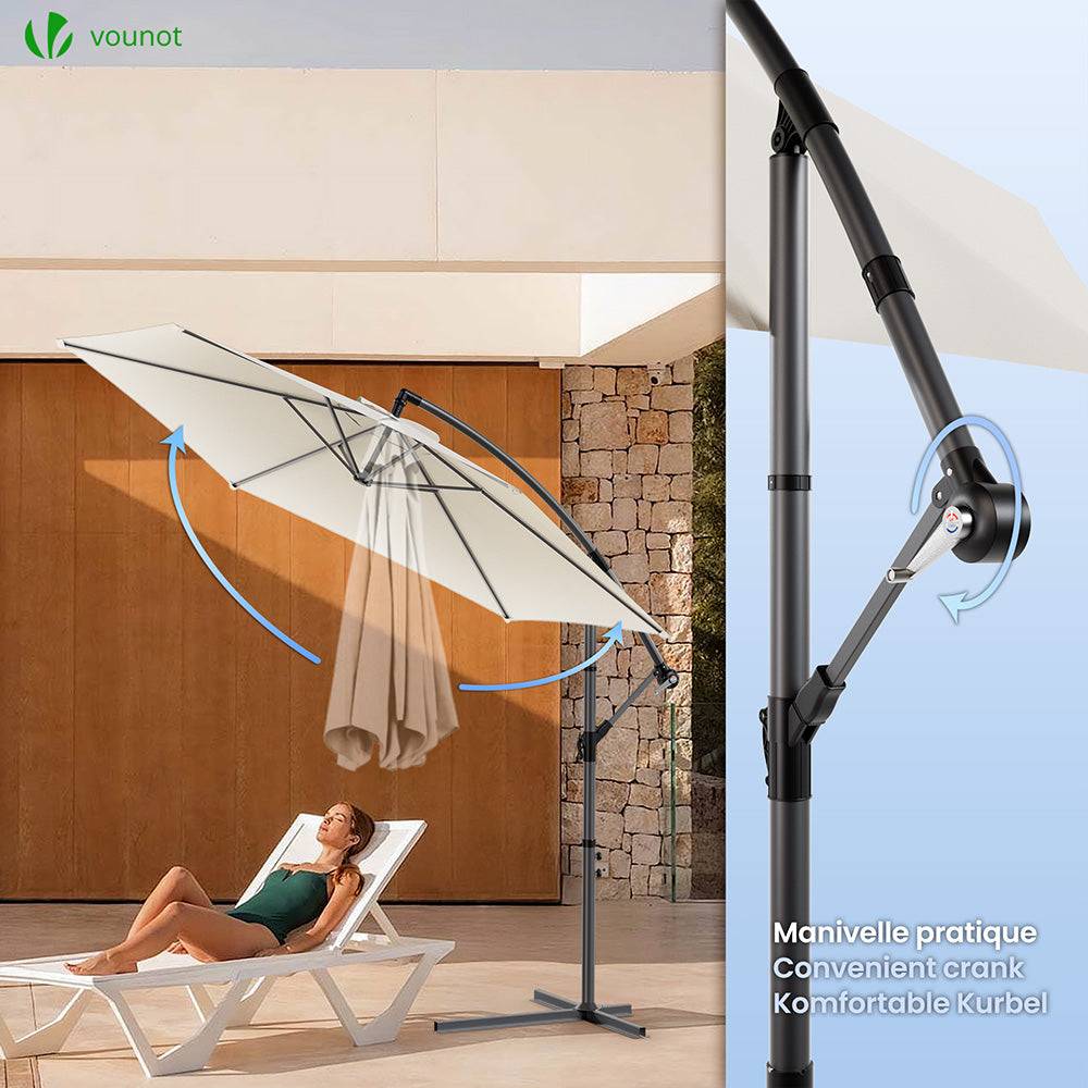 Vounot - Parasol déporté inclinable 3M avec housse de protection Beige - Inclinaison réglable - Rotatif 360° - Manivelle anti-retour - VOUNOT® - Image 5