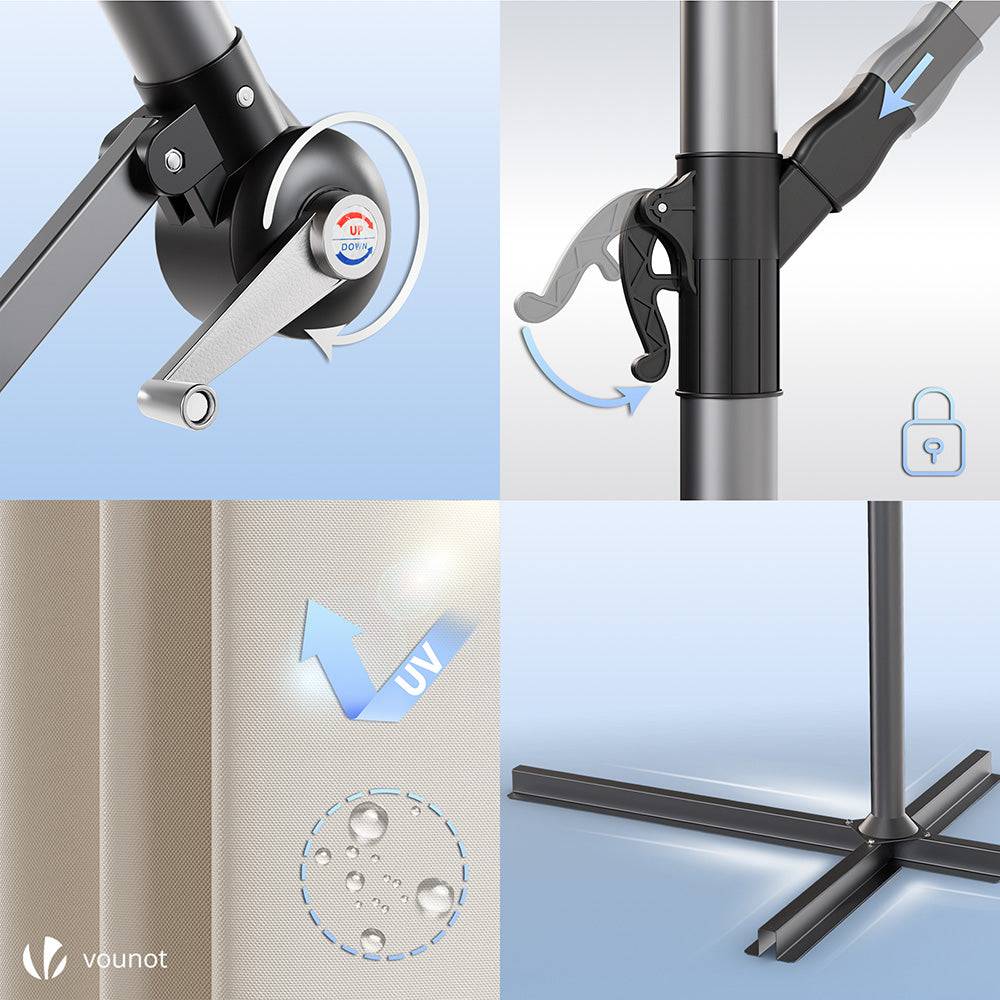 Vounot - Parasol déporté inclinable 3M avec housse de protection Beige - Inclinaison réglable - Rotatif 360° - Manivelle anti-retour - VOUNOT® - Image 7
