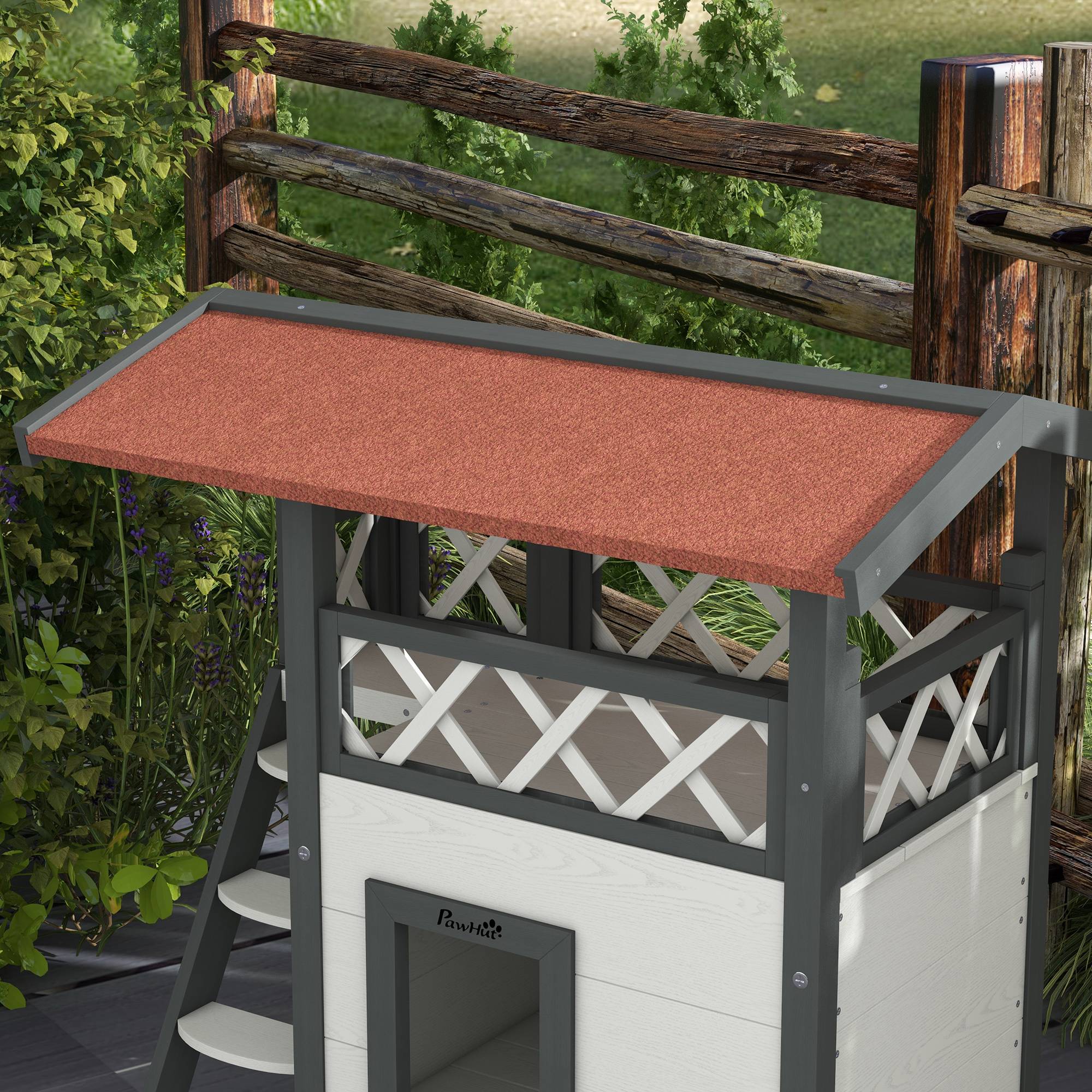 Niche pour chat à 2 niveaux (77 x 50 x 73 cm) avec toit en asphalte, échelle et balcon pour usage extérieur, blanche - Image 9
