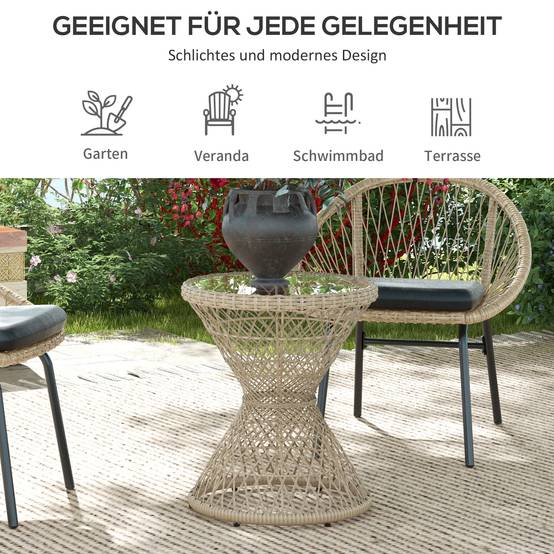 Table basse bohème en rotin PE avec plateau en verre, dimensions 45 x 45 x 52 cm, finition naturelle - Image 6