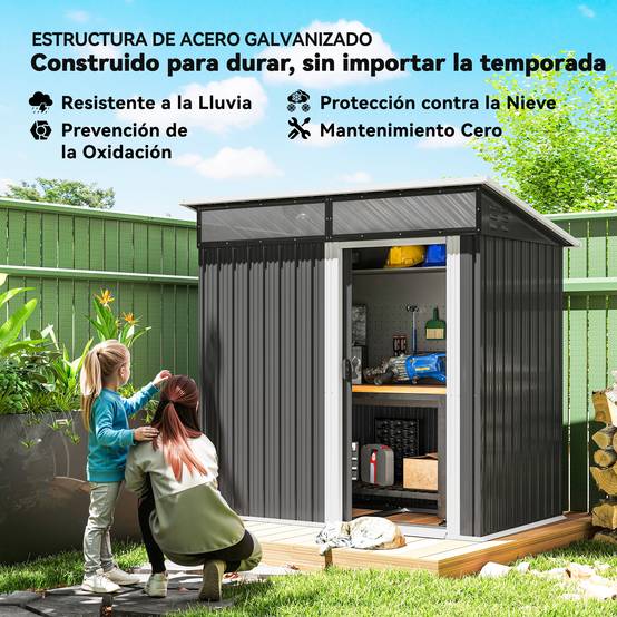 Abri de jardin en métal avec porte coulissante, fenêtres et ventilation pour le rangement extérieur 195 x 122 x 159/182 cm Gris - Image 6