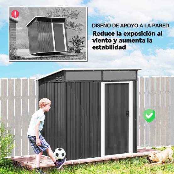 Abri de jardin en métal avec porte coulissante, fenêtres et ventilation pour le rangement extérieur 195 x 122 x 159/182 cm Gris - Image 10