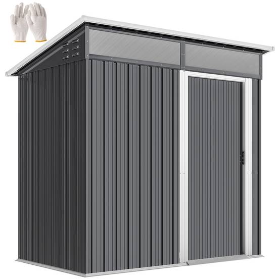 Abri de jardin en métal avec porte coulissante, fenêtres et ventilation pour le rangement extérieur 195 x 122 x 159/182 cm Gris - Image 1