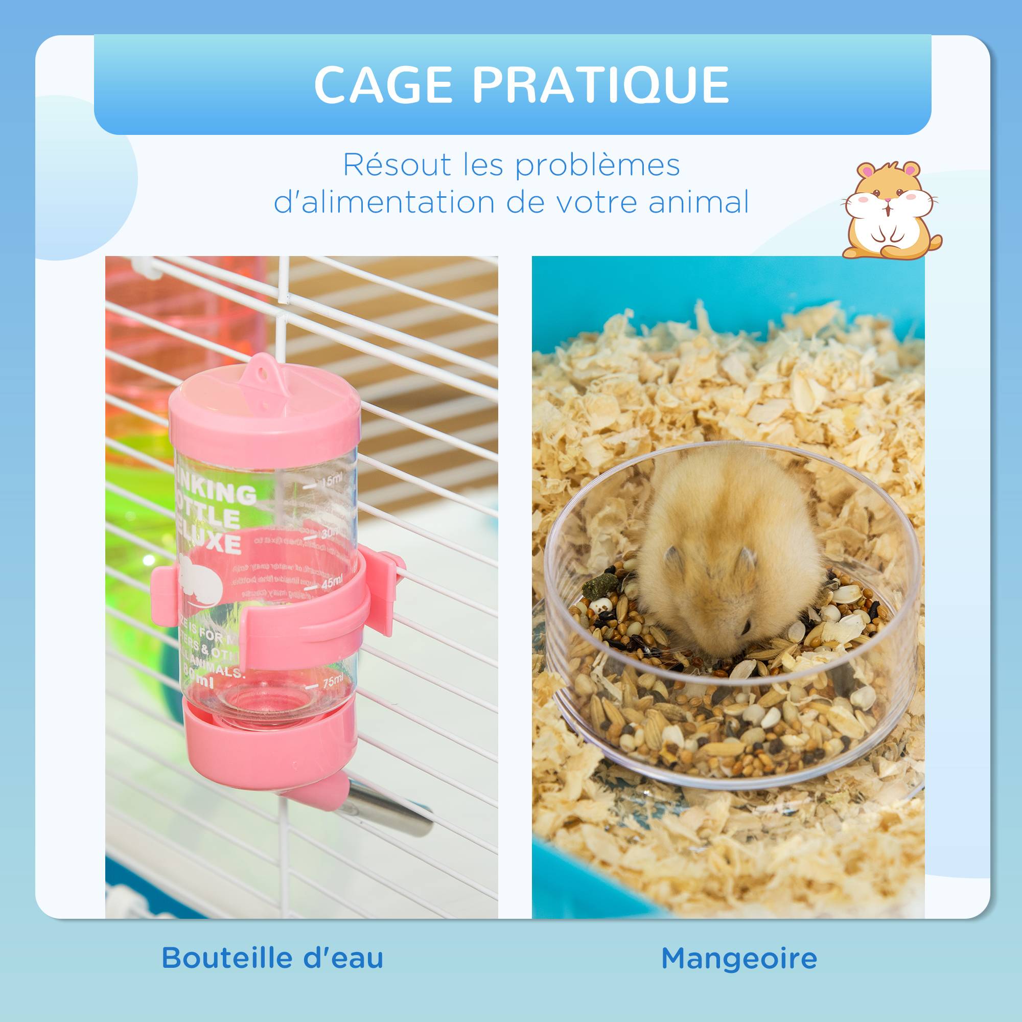 Pawhut - Grande cage à hamsters 5 niveaux - tunnels, abreuvoir, roue, maisonnette, échelles - dim. 59L x 36l x 69H cm - métal PP bleu blanc - Image 5