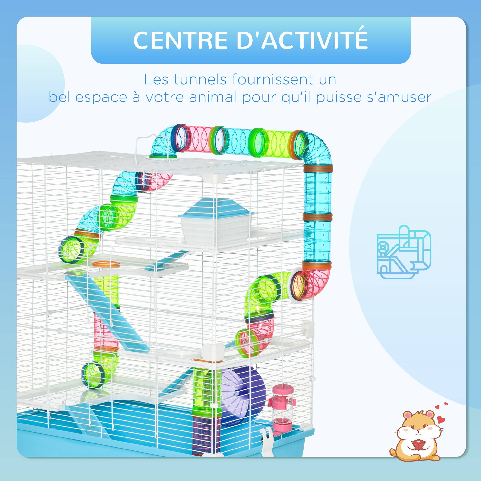 Pawhut - Grande cage à hamsters 5 niveaux - tunnels, abreuvoir, roue, maisonnette, échelles - dim. 59L x 36l x 69H cm - métal PP bleu blanc - Image 4