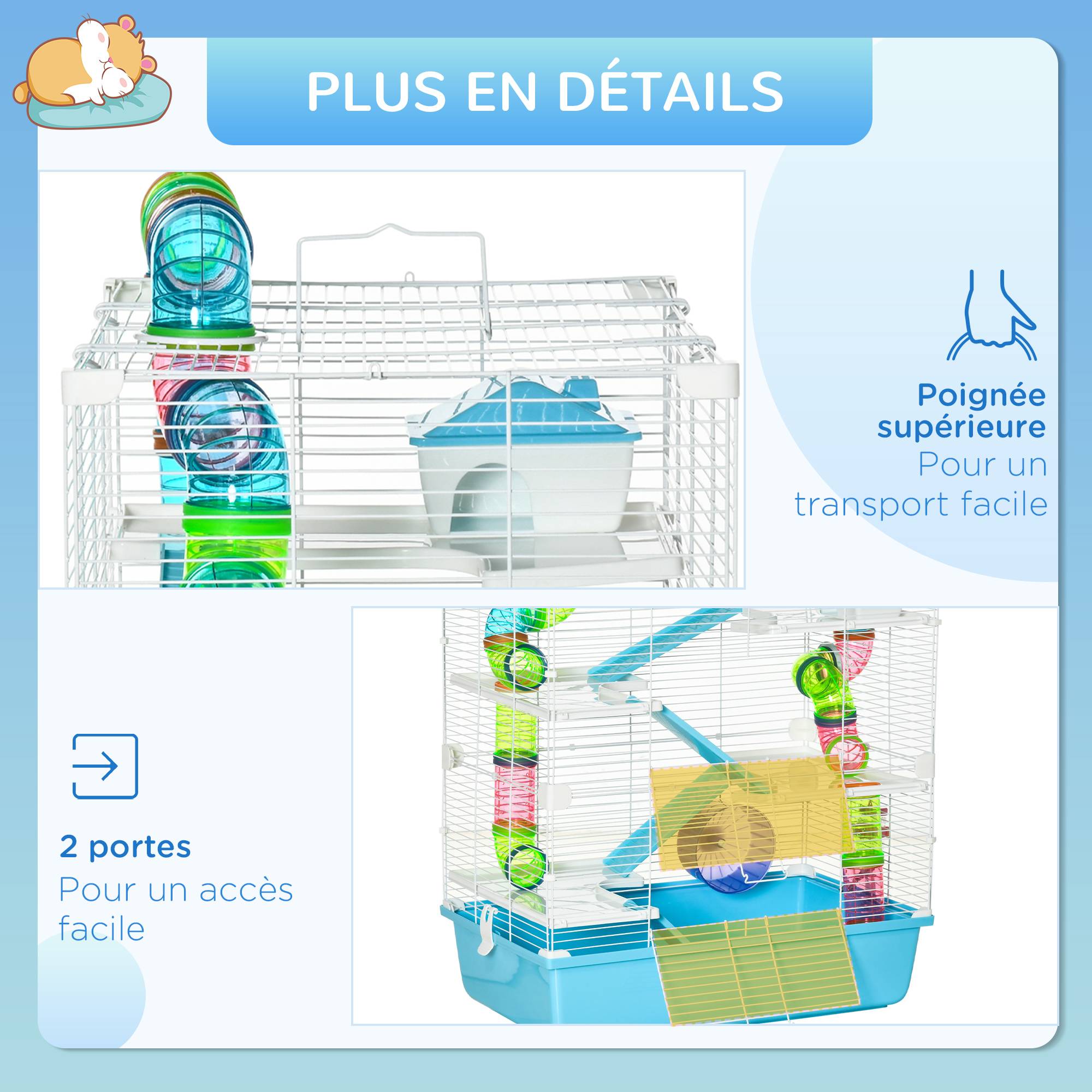 Pawhut - Grande cage à hamsters 5 niveaux - tunnels, abreuvoir, roue, maisonnette, échelles - dim. 59L x 36l x 69H cm - métal PP bleu blanc - Image 7