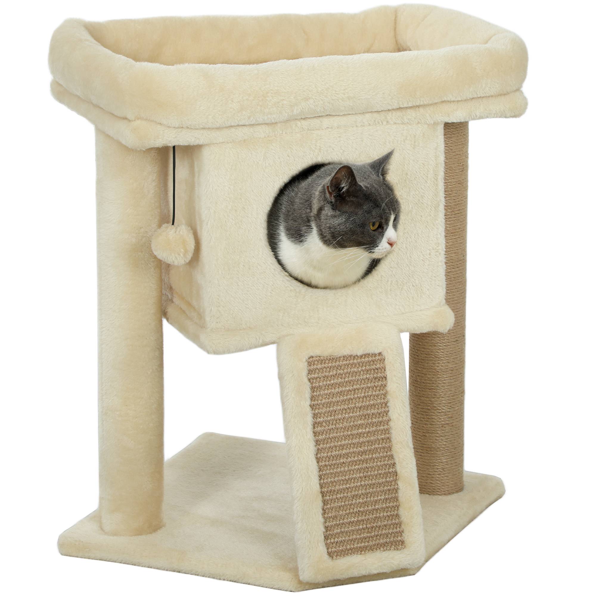 Arbre à chat bois peluche pour chaton niche avec tapis en jute 57cm beige - ComfortXL Outdoor Living - Image 1