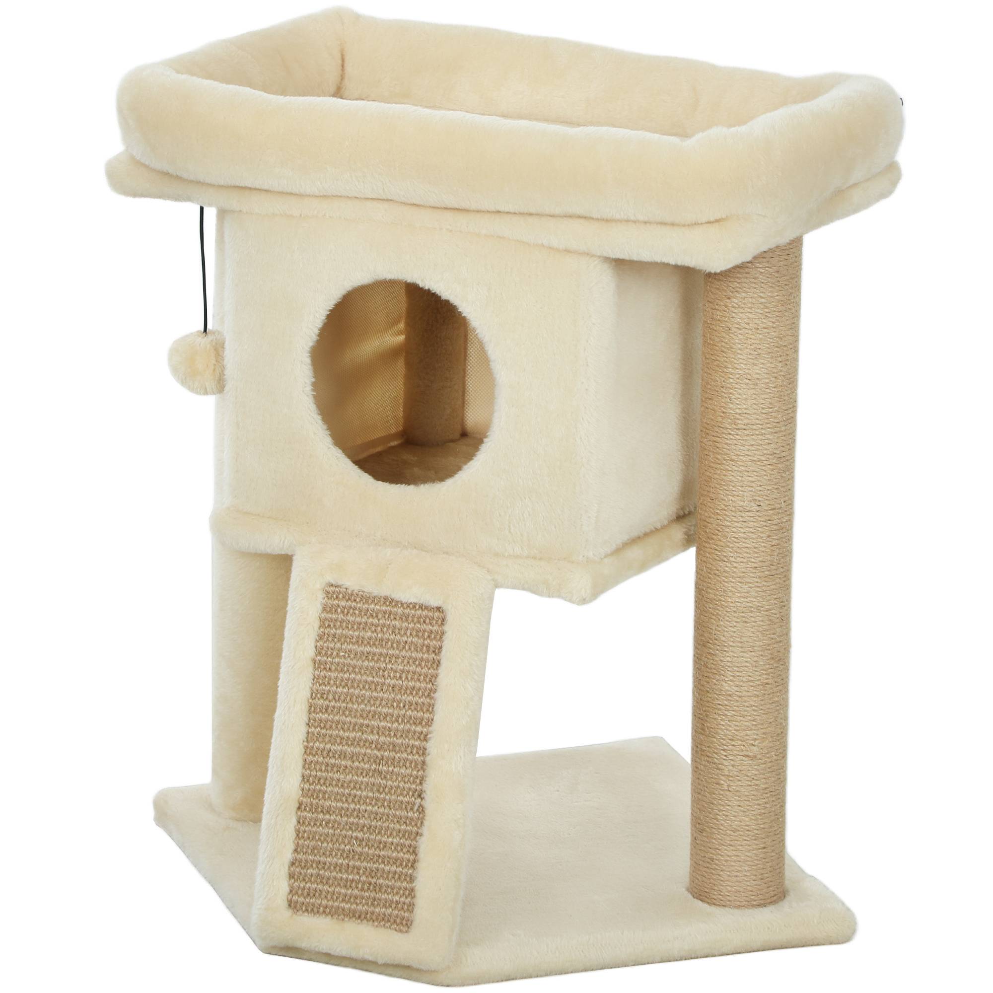 Arbre à chat bois peluche pour chaton niche avec tapis en jute 57cm beige - ComfortXL Outdoor Living - Image 2