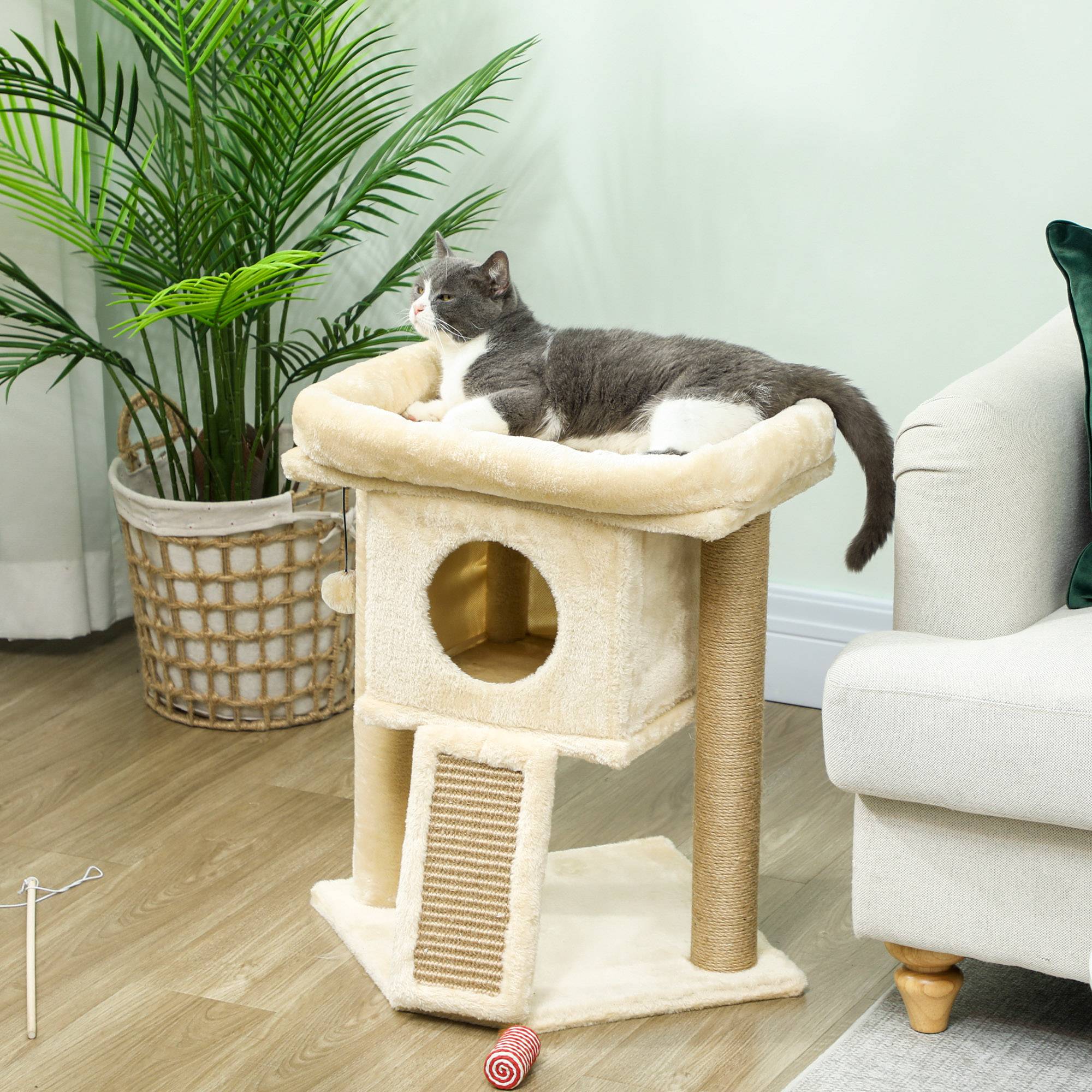 Arbre à chat bois peluche pour chaton niche avec tapis en jute 57cm beige - ComfortXL Outdoor Living - Image 3