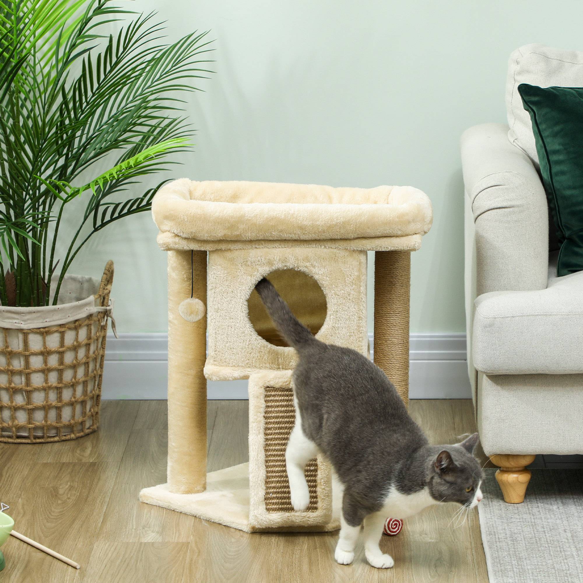 Arbre à chat bois peluche pour chaton niche avec tapis en jute 57cm beige - ComfortXL Outdoor Living - Image 9