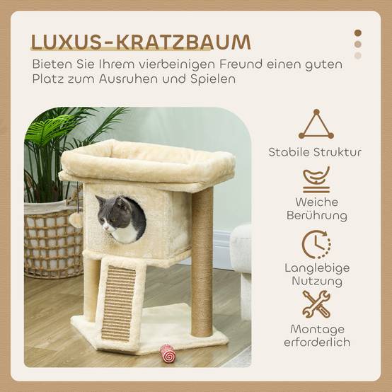 Arbre à chat bois peluche pour chaton niche avec tapis en jute 57cm beige - ComfortXL Outdoor Living - Image 6