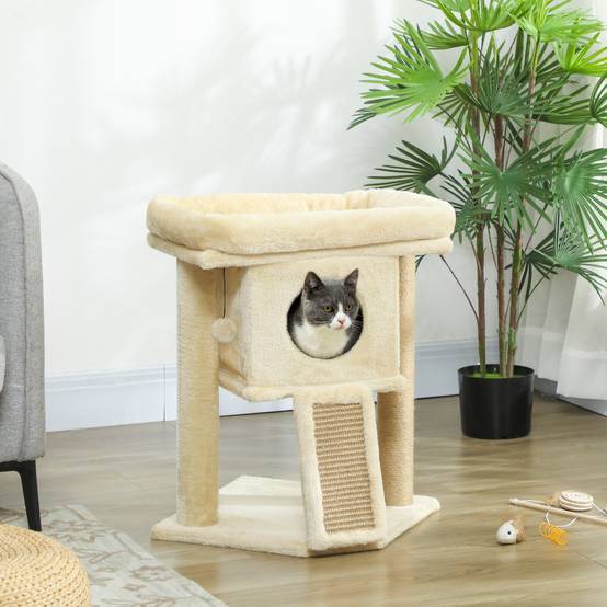 Arbre à chat bois peluche pour chaton niche avec tapis en jute 57cm beige - ComfortXL Outdoor Living - Image 4