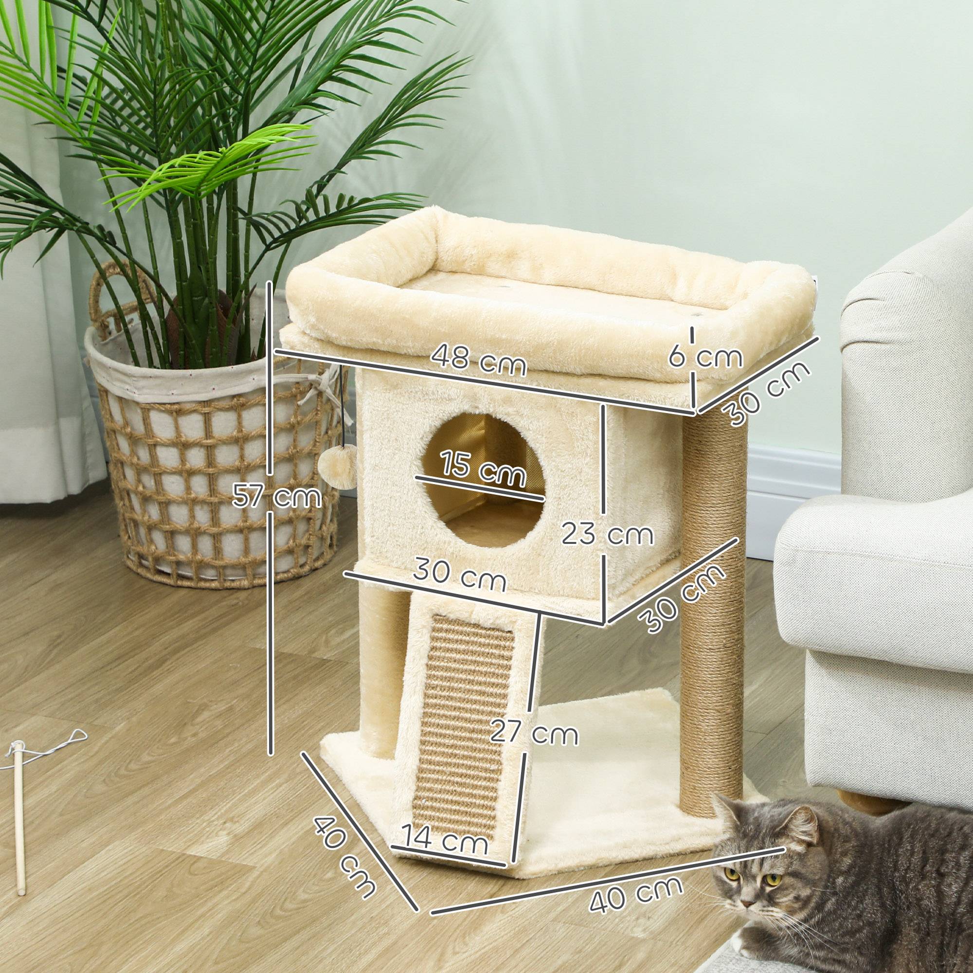 Arbre à chat bois peluche pour chaton niche avec tapis en jute 57cm beige - ComfortXL Outdoor Living - Image 5