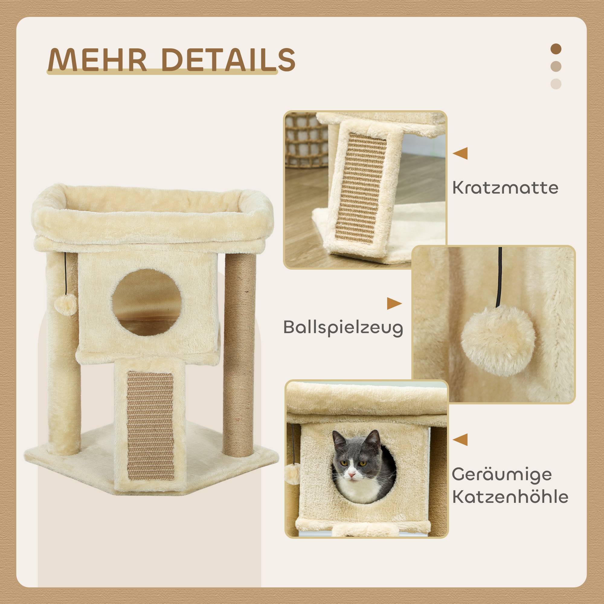 Arbre à chat bois peluche pour chaton niche avec tapis en jute 57cm beige - ComfortXL Outdoor Living - Image 7