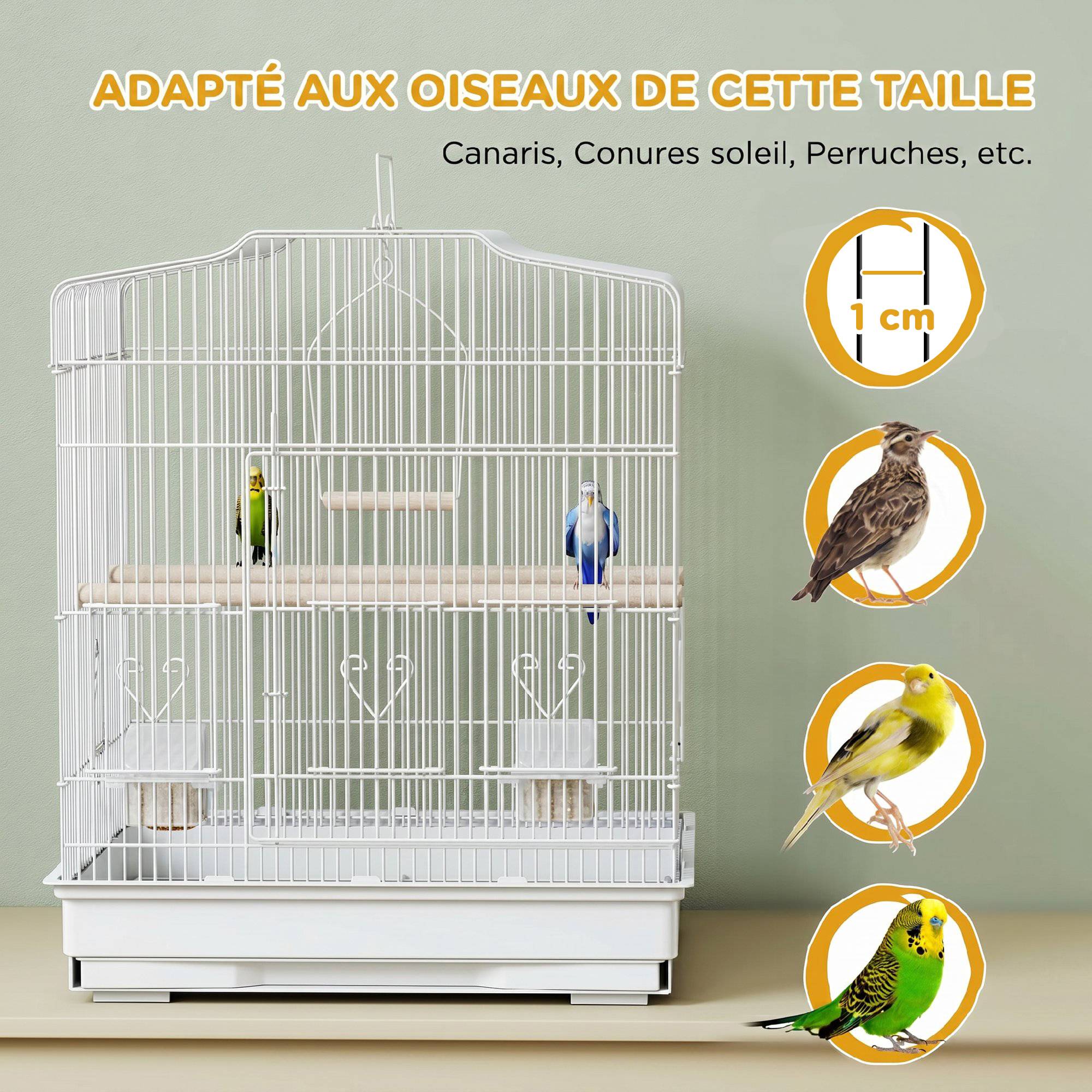 ComfortXL - Cage à oiseaux en acier blanc 46,5 x 36 x 59 cm pour canaris et perruches avec balançoire et plateau amovible - Image 7