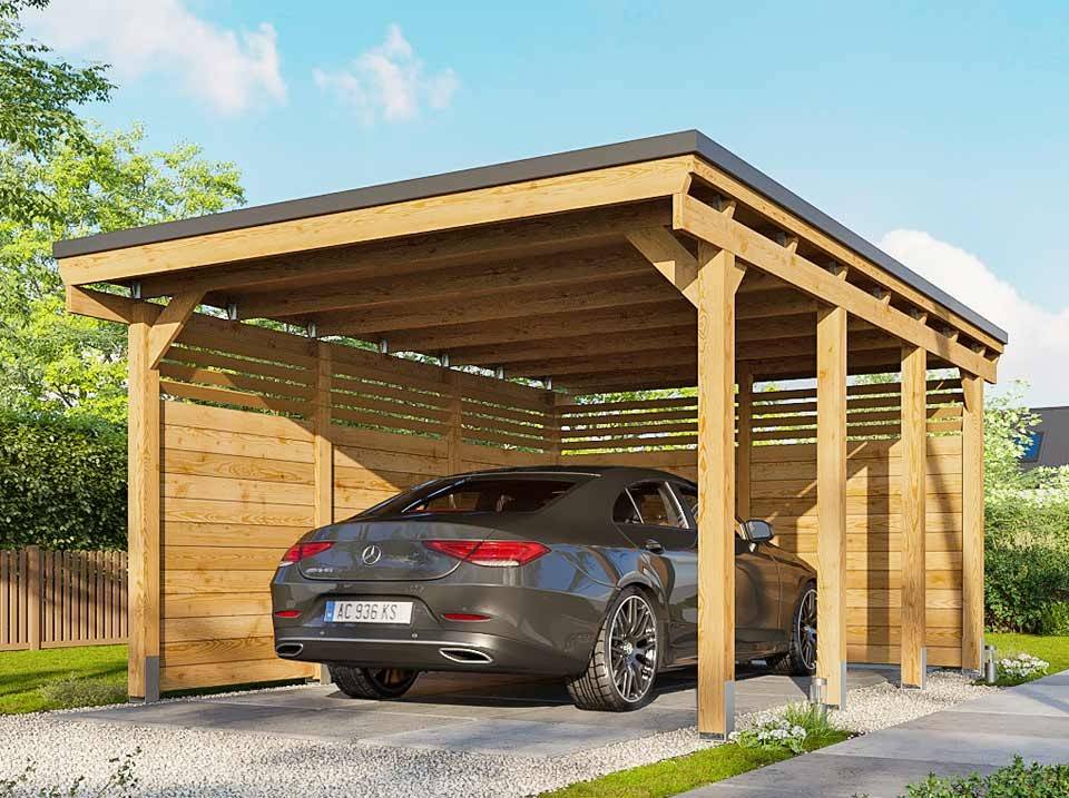 Direct Abris - Carport Bois CASTELLANE 373X555 Panneaux de Fond et Latéraux Intégrés - Toiture en Bois - Abri Voiture - 1 Voiture - Image 1