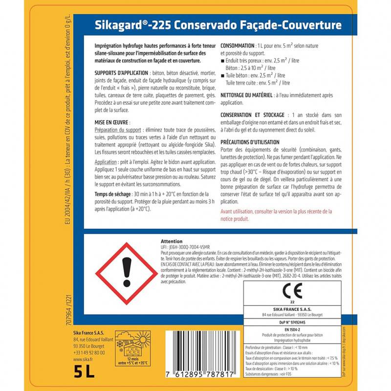 Imprégnation hydrofuge Sikagard-225 Conservado Façade-Couverture 5L SIKA - Image 2