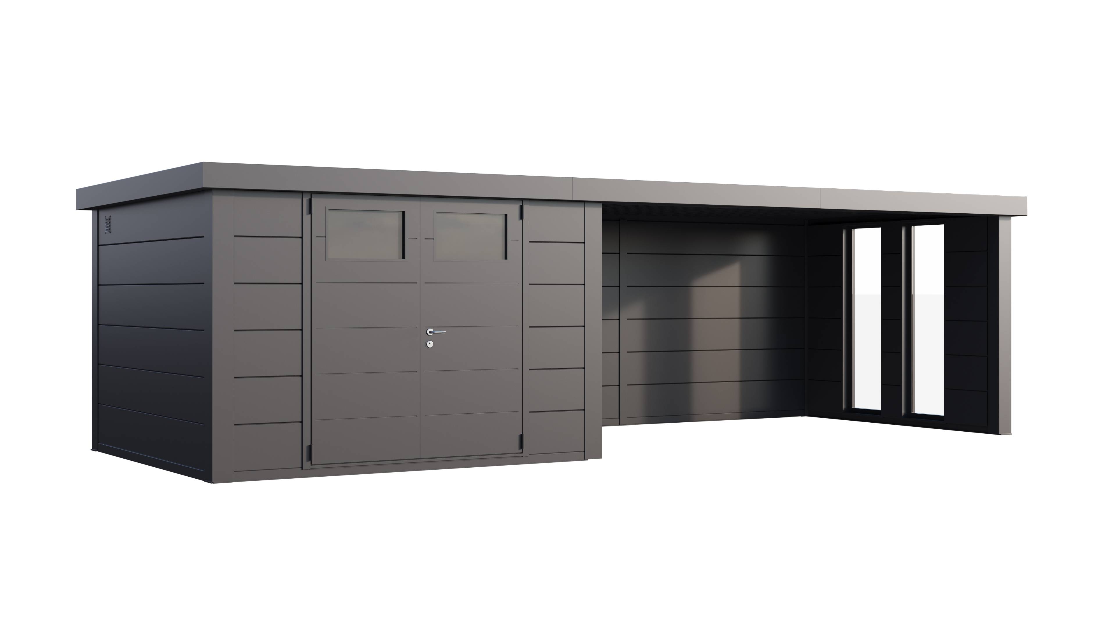 Telluria - Abri métal 8,9 m² (3030) anthracite avec auvent 13,8 m² large fermé à droite et 2 fenêtres - TELLURIA - Image 1