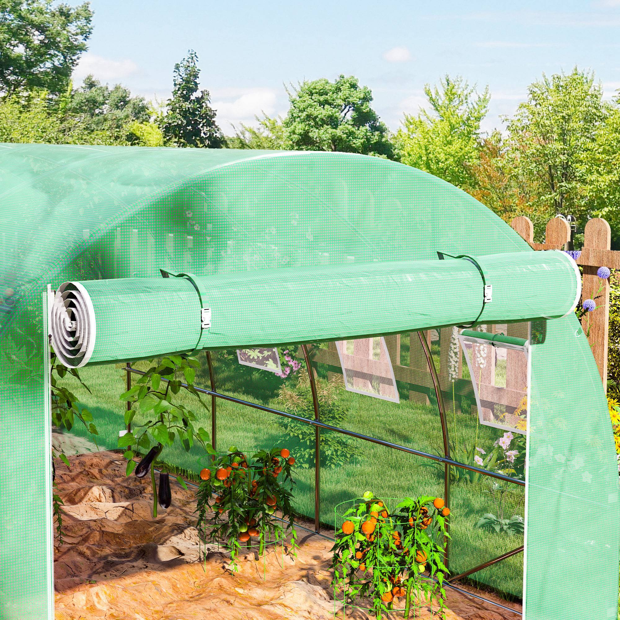 Bâche de rechange serre tunnel 12 m² 4 x 3 x 2 m PE anti-UV imperméable 8 fenêtres + porte enroulable zippée vert - Image 10