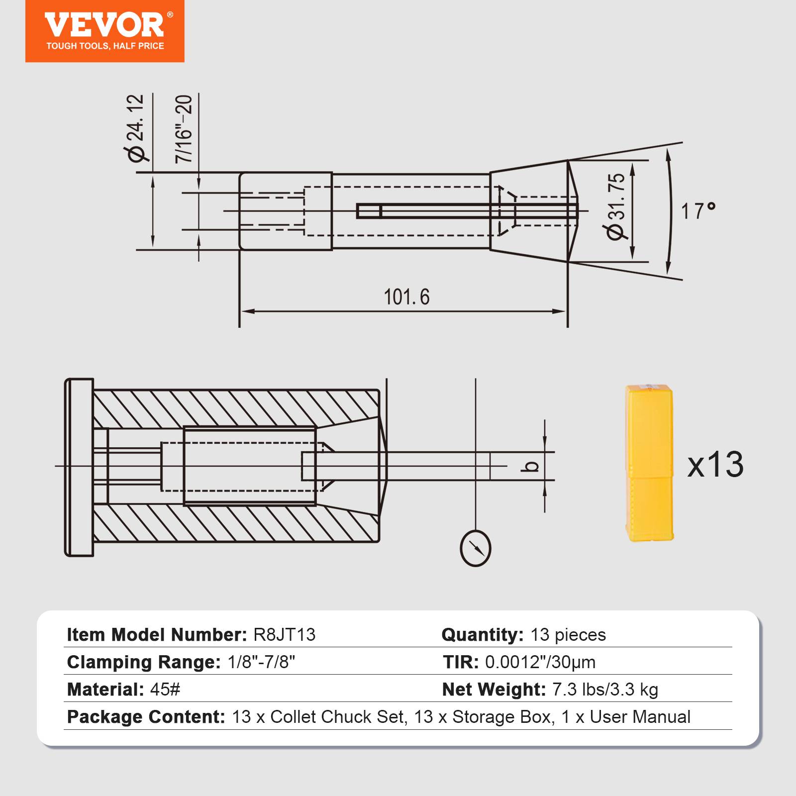 Vevor - VEVOR Pinces de serrage R8 13 pcs, 1/8"-7/8" (3,2-22,2 mm), acier carbone 45#, TIR 0,0012"/30 µm, 13 boîtes de rangement. - Image 6
