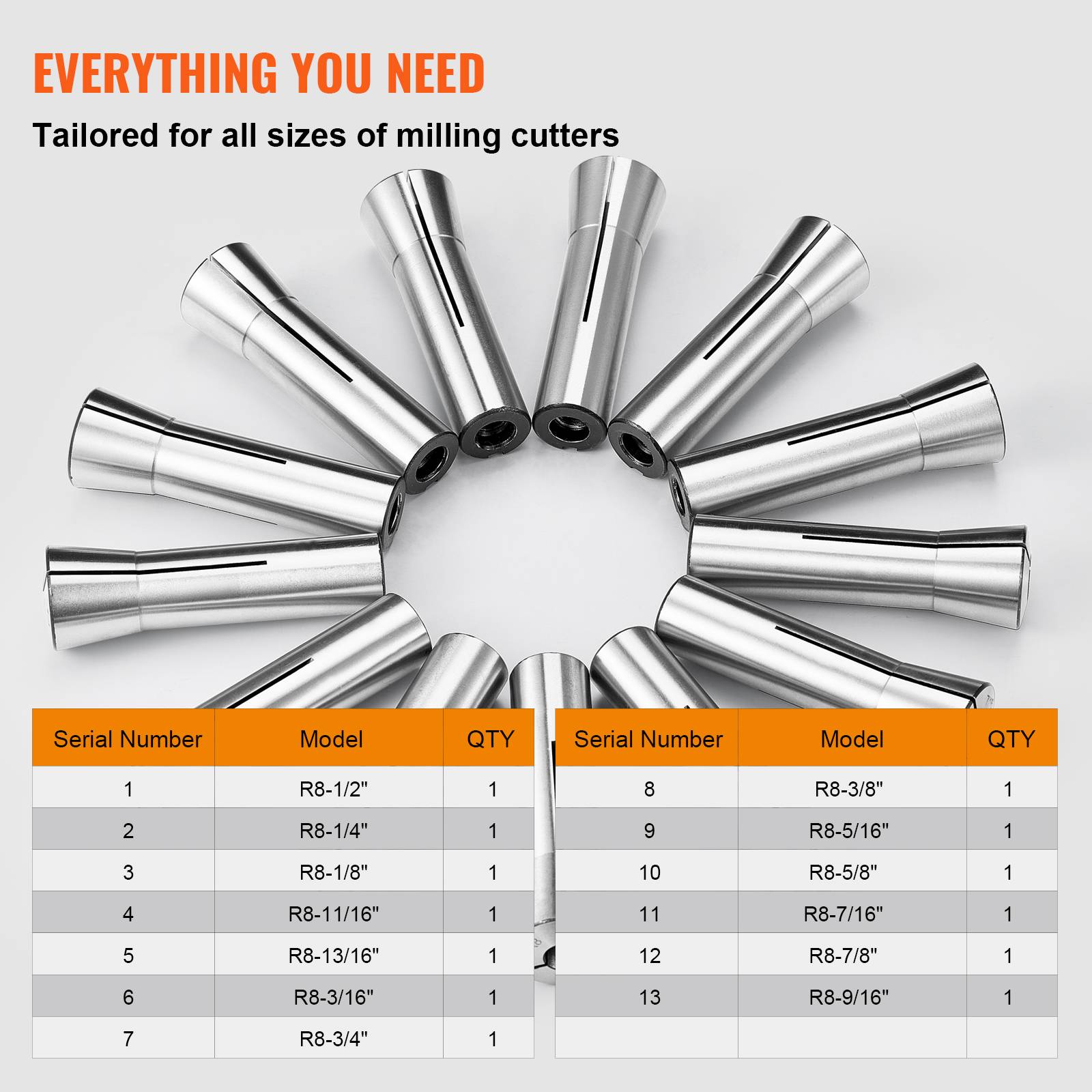Vevor - VEVOR Pinces de serrage R8 13 pcs, 1/8"-7/8" (3,2-22,2 mm), acier carbone 45#, TIR 0,0012"/30 µm, 13 boîtes de rangement. - Image 5