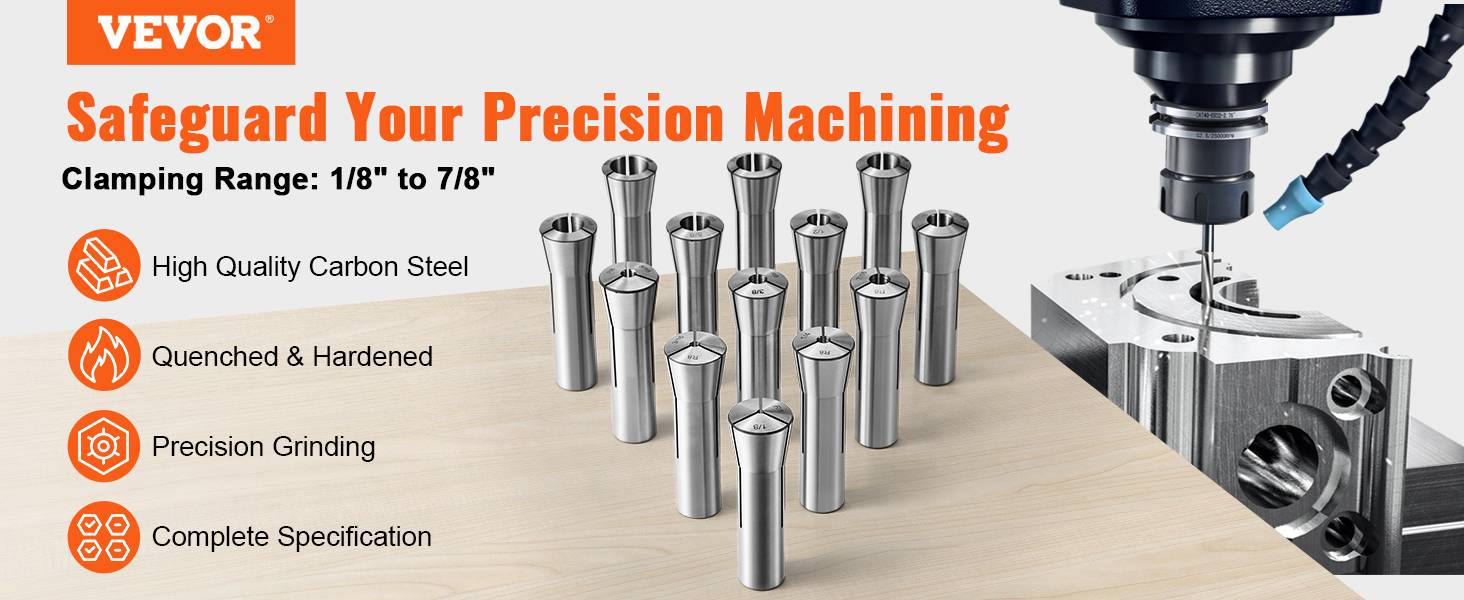 Vevor - VEVOR Pinces de serrage R8 13 pcs, 1/8"-7/8" (3,2-22,2 mm), acier carbone 45#, TIR 0,0012"/30 µm, 13 boîtes de rangement. - Image 9