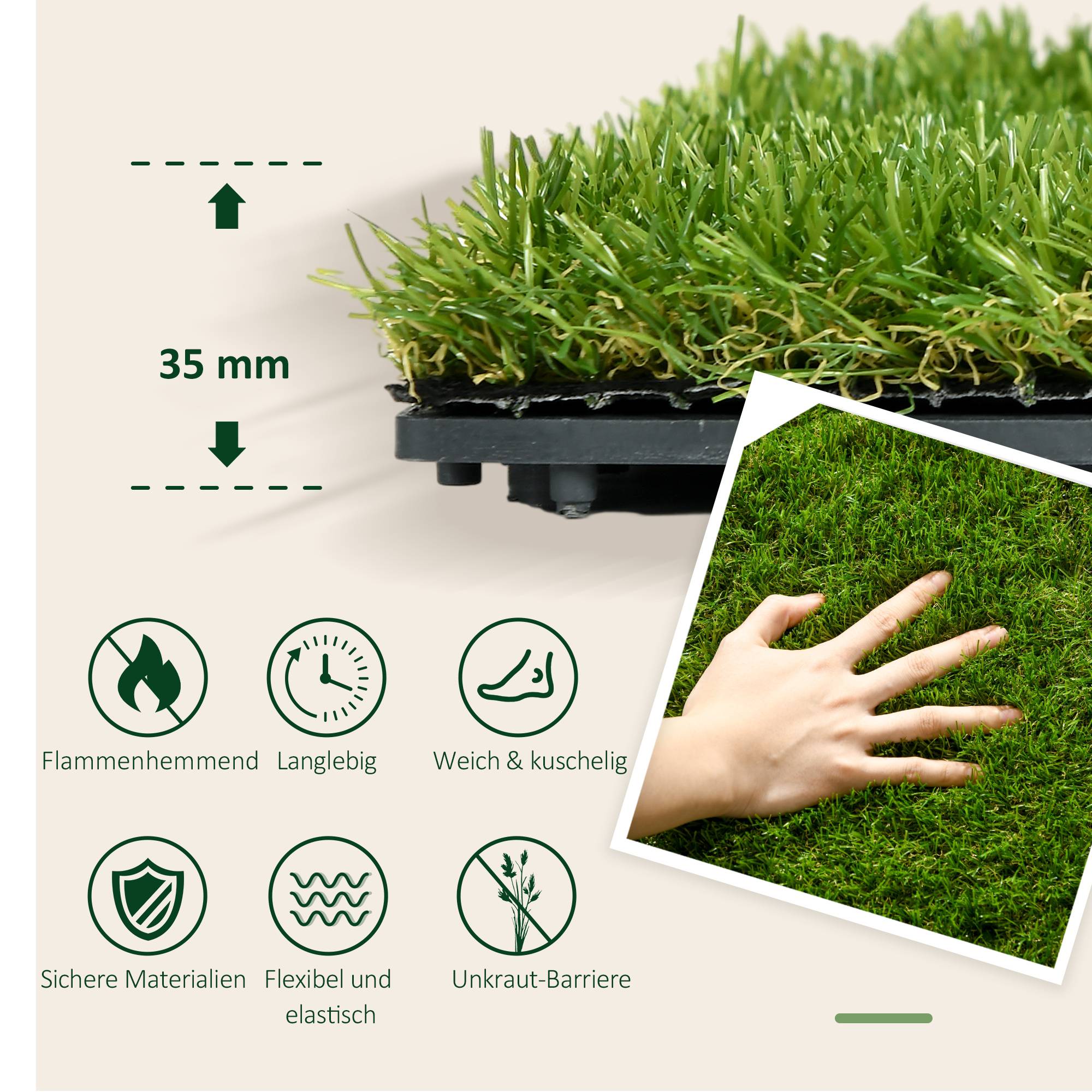 ComfortXL - Dalles gazon synthétique PP PE vert 30 x 30 cm lot de 10 terrasse jardin drainage clipsable hauteur 25 mm - Image 4