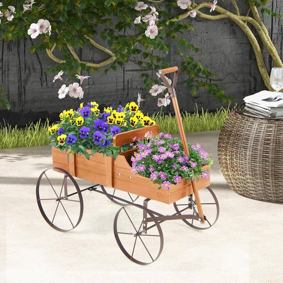 Costway - Brouette Décorative en Bois avec 2 Compartiments à Planter, Jardinière avec Roues Métalliques et Poignée à l'avant Charge 15kg (Orange) - Image 2