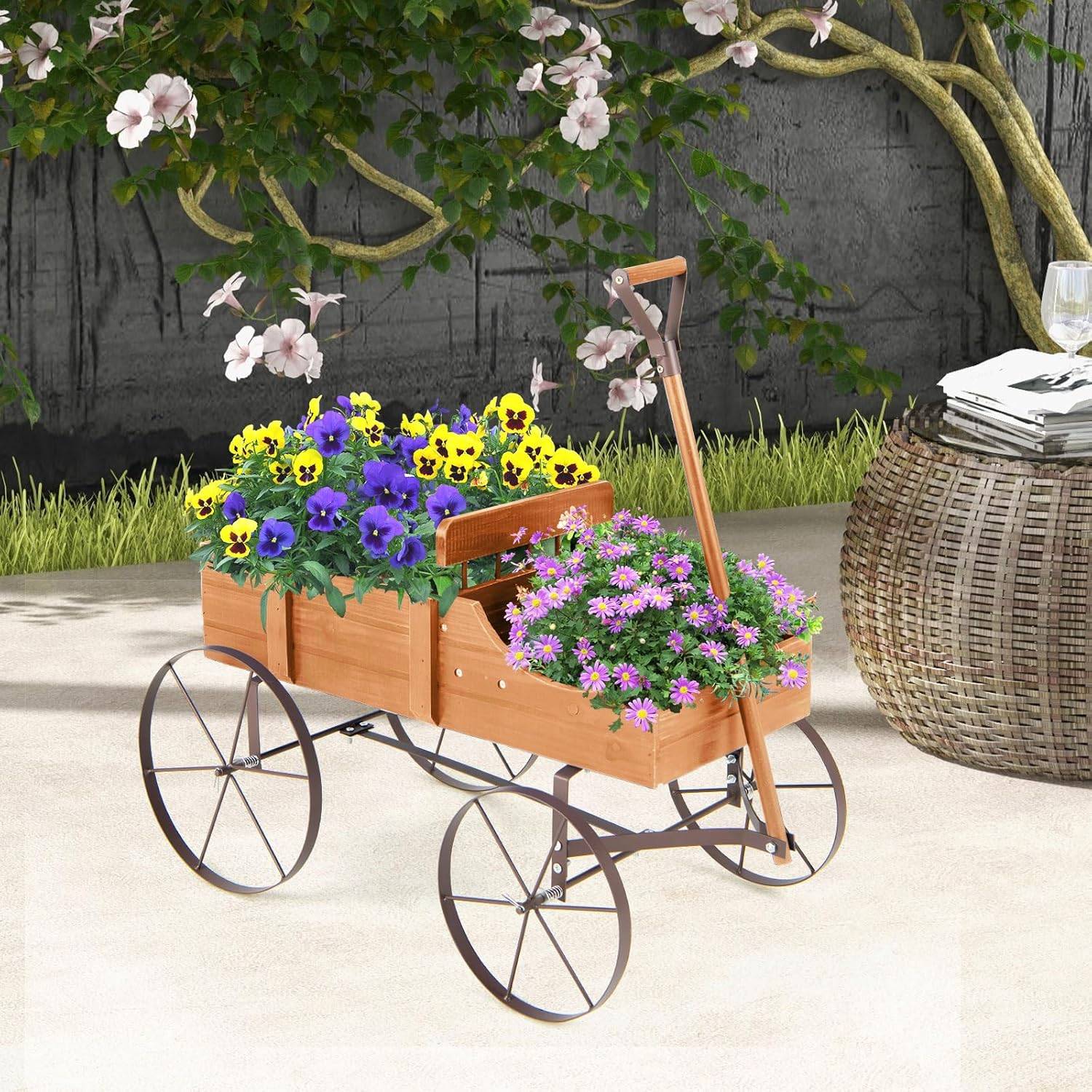 Costway - Brouette Décorative en Bois avec 2 Compartiments à Planter, Jardinière avec Roues Métalliques et Poignée à l'avant Charge 15kg (Orange) - Image 2