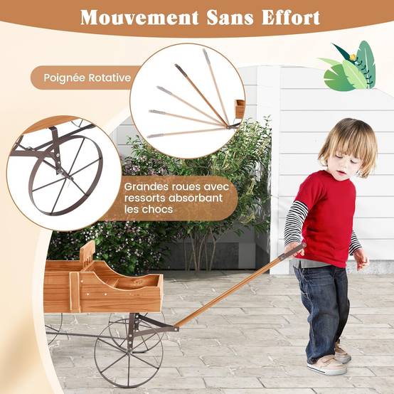 Costway - Brouette Décorative en Bois avec 2 Compartiments à Planter, Jardinière avec Roues Métalliques et Poignée à l'avant Charge 15kg (Orange) - Image 6