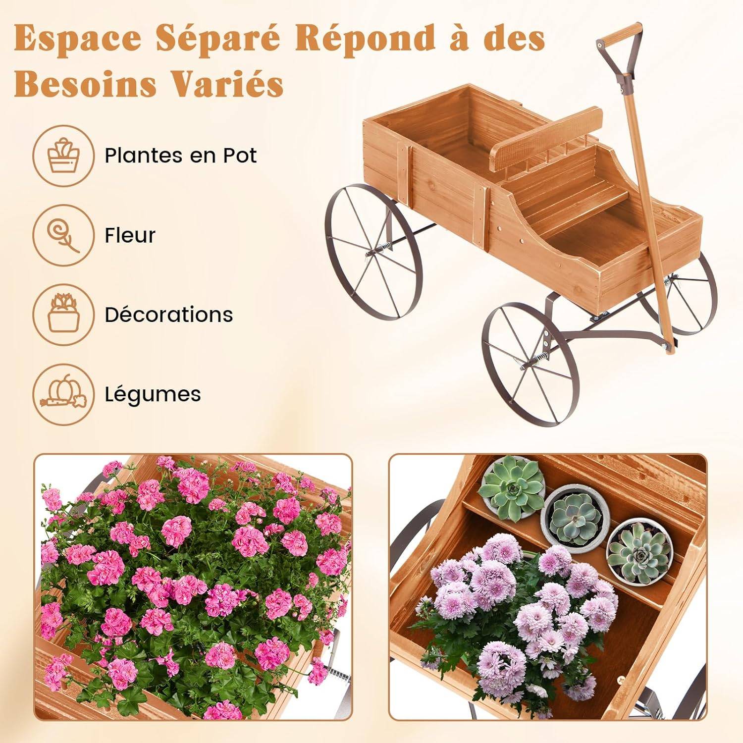 Costway - Brouette Décorative en Bois avec 2 Compartiments à Planter, Jardinière avec Roues Métalliques et Poignée à l'avant Charge 15kg (Orange) - Image 7