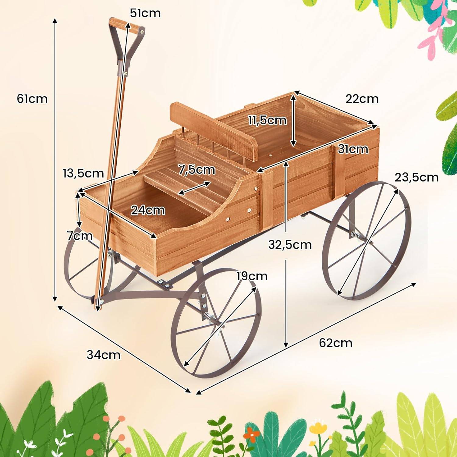 Costway - Brouette Décorative en Bois avec 2 Compartiments à Planter, Jardinière avec Roues Métalliques et Poignée à l'avant Charge 15kg (Orange) - Image 3