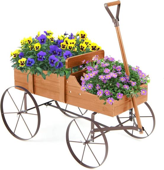 Costway - Brouette Décorative en Bois avec 2 Compartiments à Planter, Jardinière avec Roues Métalliques et Poignée à l'avant Charge 15kg (Orange) - Image 1