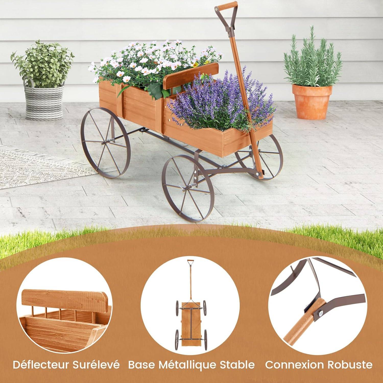Costway - Brouette Décorative en Bois avec 2 Compartiments à Planter, Jardinière avec Roues Métalliques et Poignée à l'avant Charge 15kg (Orange) - Image 4