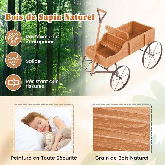 Costway - Brouette Décorative en Bois avec 2 Compartiments à Planter, Jardinière avec Roues Métalliques et Poignée à l'avant Charge 15kg (Orange) - Image 5