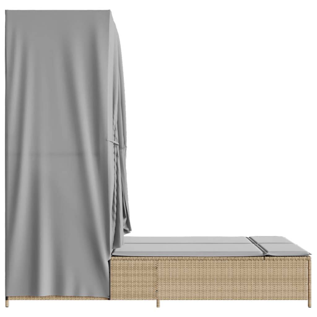 Chaise longue | Transat | Bain de soleil double avec toit et rideaux beige résine tressée - Image 5