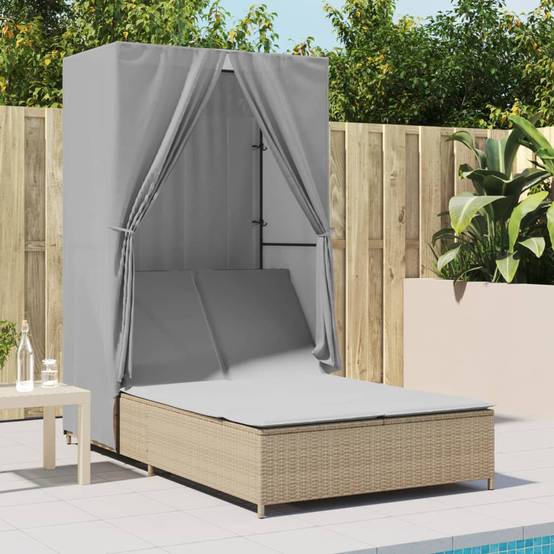 Chaise longue | Transat | Bain de soleil double avec toit et rideaux beige résine tressée - Image 3