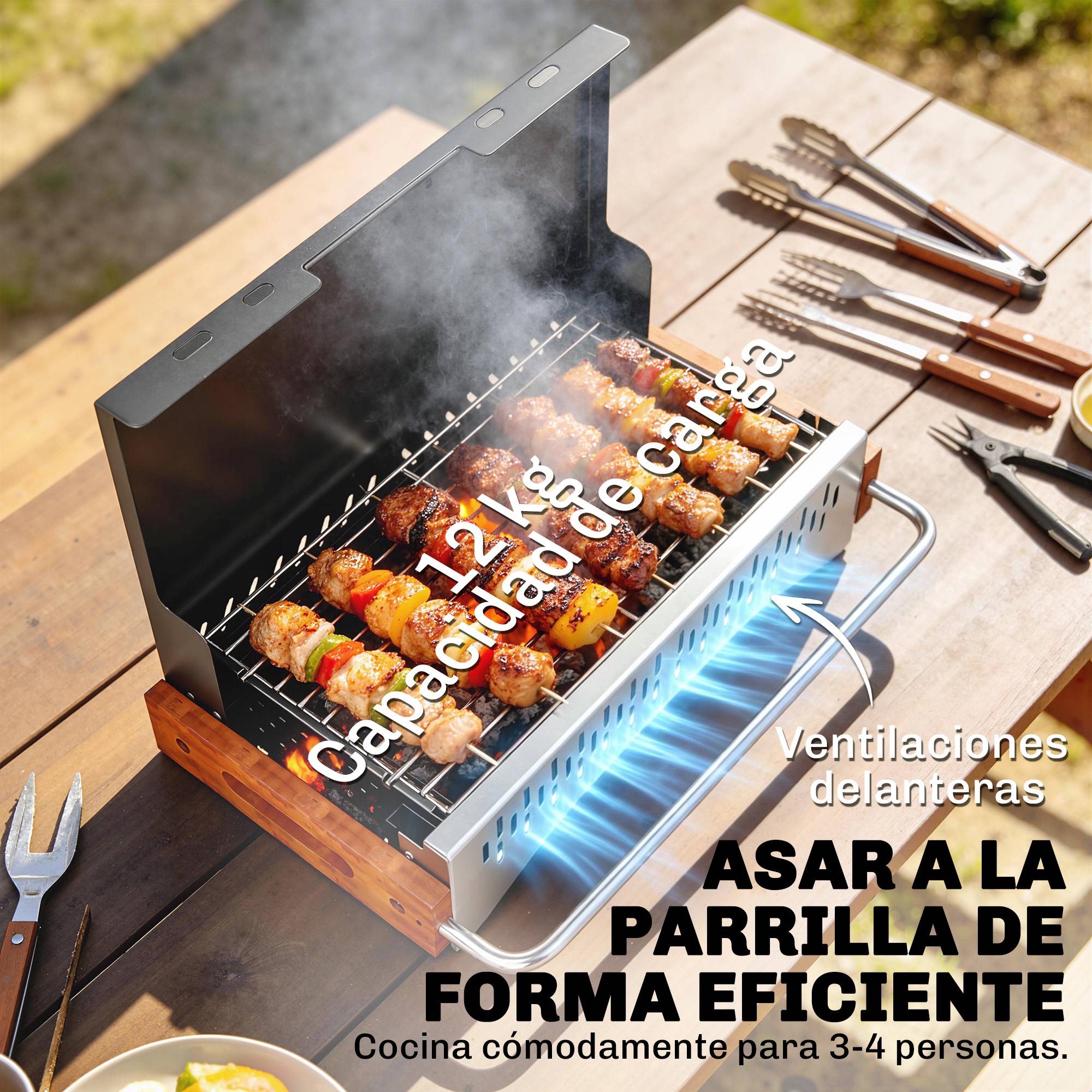 Barbecue à charbon pliable et portable 50,5x34x33 cm avec bac à charbon amovible pour camping et pique-nique, couleur noire - Image 7