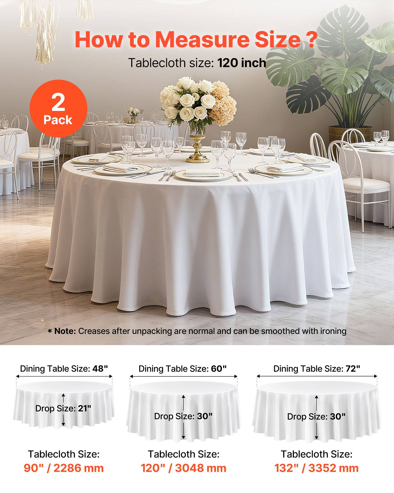 Vevor - VEVOR Nappe ronde blanche de table en polyester 3048 mm lot de 2 pour mariage - Image 5