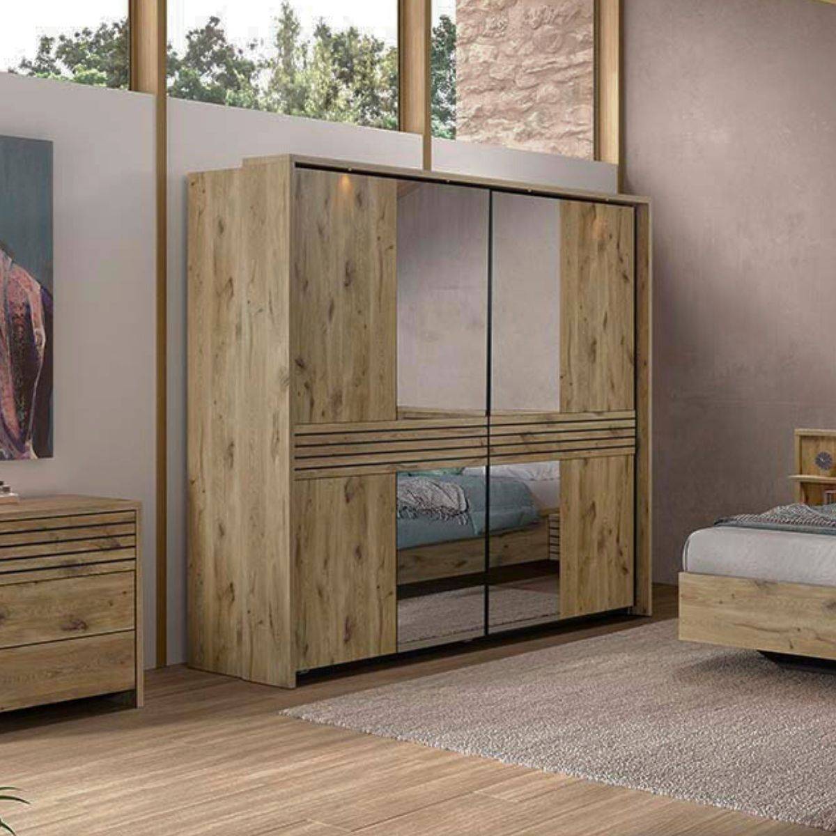 ALTOBUY - Armoire 2 portes coulissantes avec miroir et leds aspect bois et noir - NIKITA - Image 2