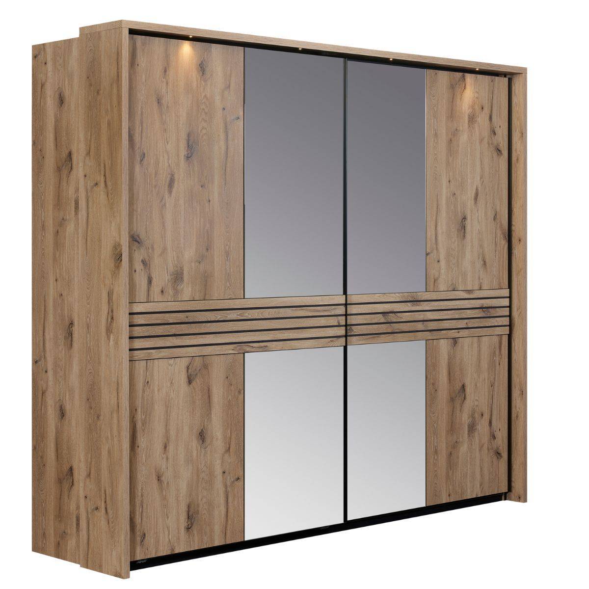 ALTOBUY - Armoire 2 portes coulissantes avec miroir et leds aspect bois et noir - NIKITA - Image 1