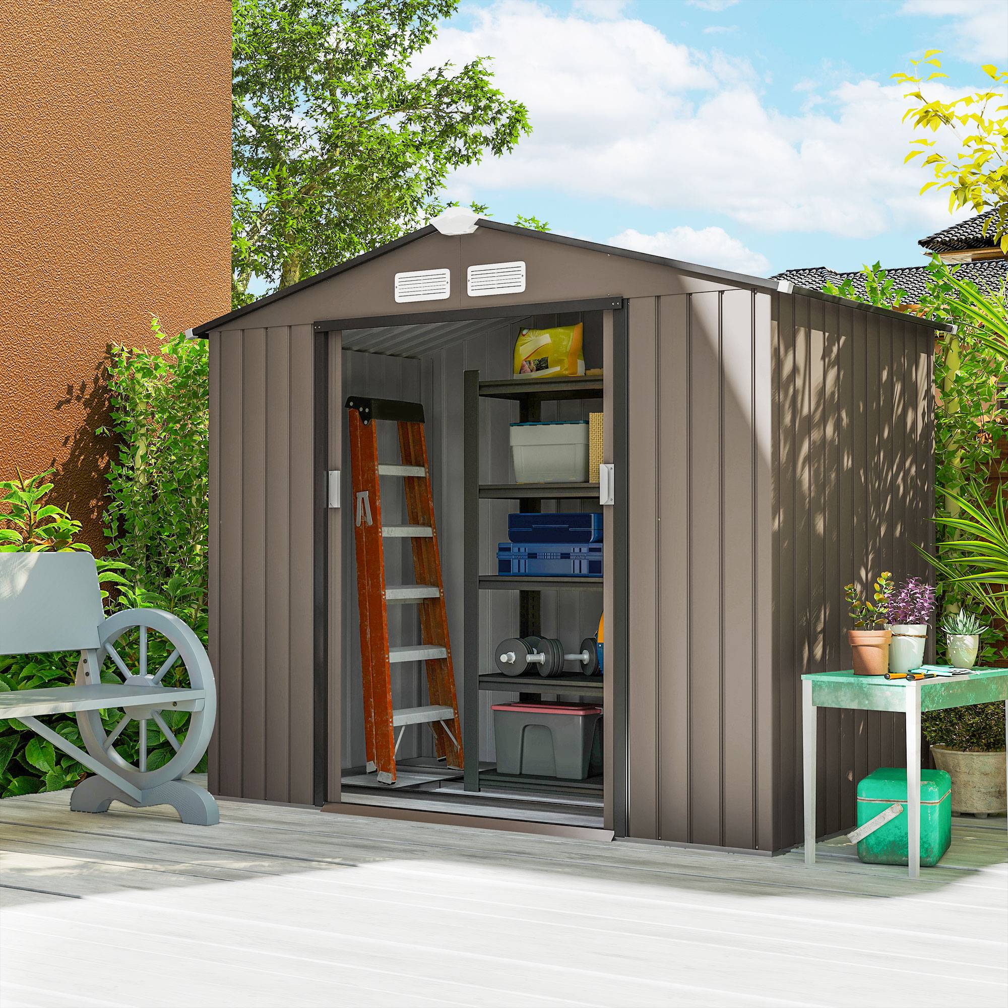 Abri de jardin extérieur avec base renforcée, sans plancher, 213 x 130 x 185 cm, avec 2 portes coulissantes et 4 fenêtres, couleur marron - Image 10