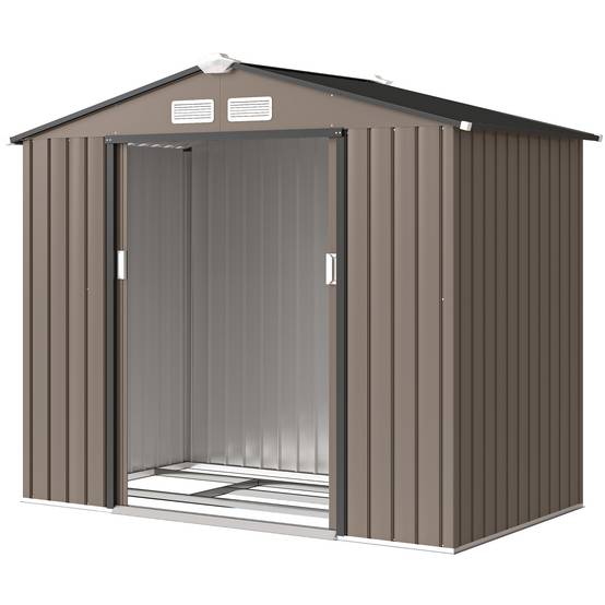Abri de jardin extérieur avec base renforcée, sans plancher, 213 x 130 x 185 cm, avec 2 portes coulissantes et 4 fenêtres, couleur marron - Image 2