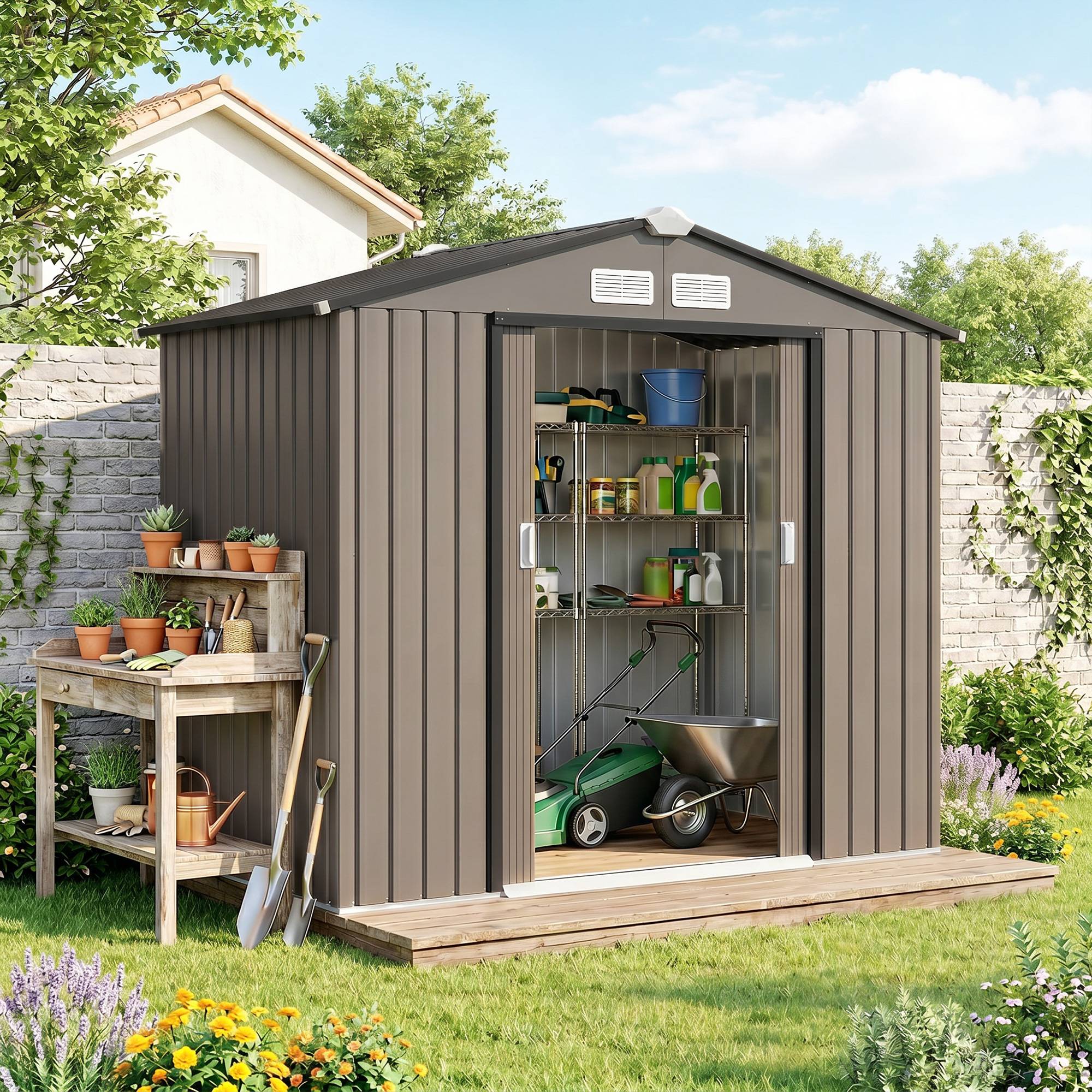 Abri de jardin extérieur avec base renforcée, sans plancher, 213 x 130 x 185 cm, avec 2 portes coulissantes et 4 fenêtres, couleur marron - Image 4